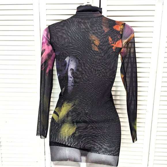 FUZZI Italy Bodycon Turtleneck Mesh Top Medium Black Floral - Picture 7 of 15